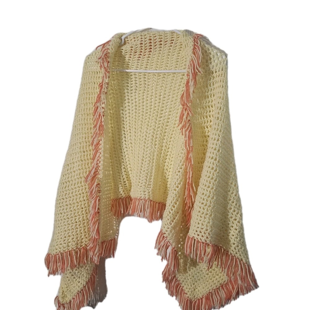 Chrochet Handmade‎ Granny Shawl Lap Blanket Table Runner Yellow Coral Fringe